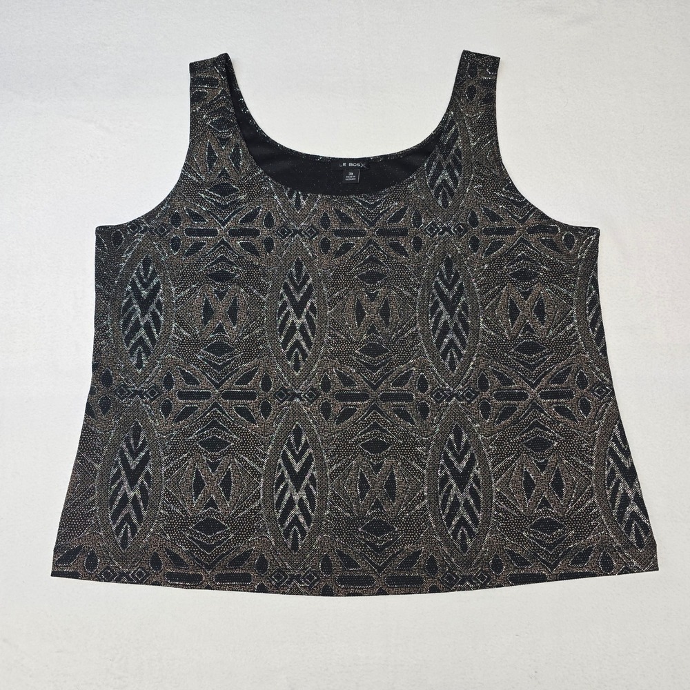 Le Bos Black Gold Metallic Geometric Tank Top Shell Plus Size 3X Sparkly Evening